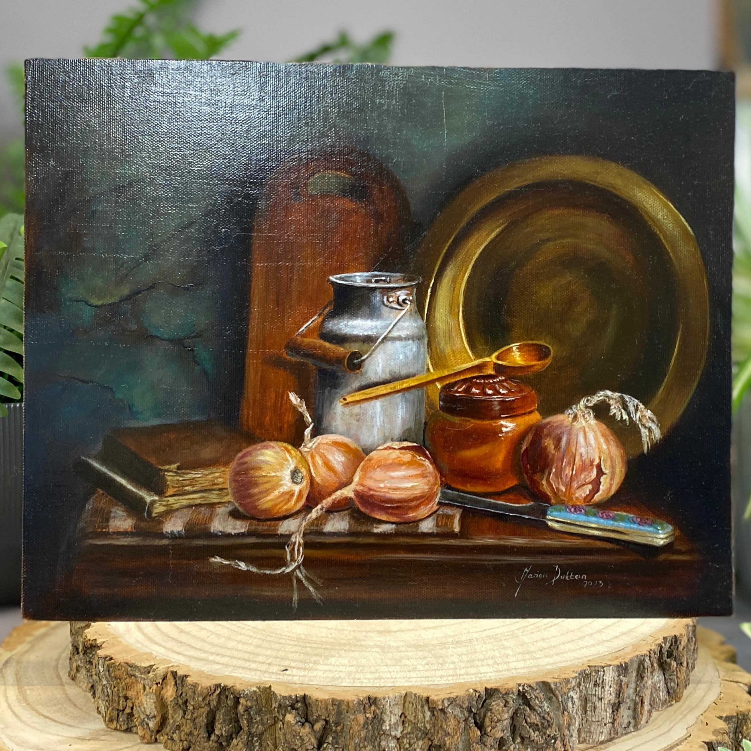 オリジナル油絵 | 玉ねぎのあるクラシックな静物画（額入り） - Etsy 日本