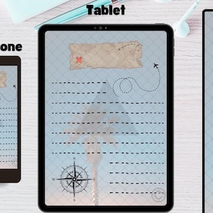 Papelería de búsqueda del tesoro: papel digital imprimible inspirado en el hemisferio derecho del cerebro / invitación para fiesta de cumpleaños con avión y mapa del tesoro / página de diario
