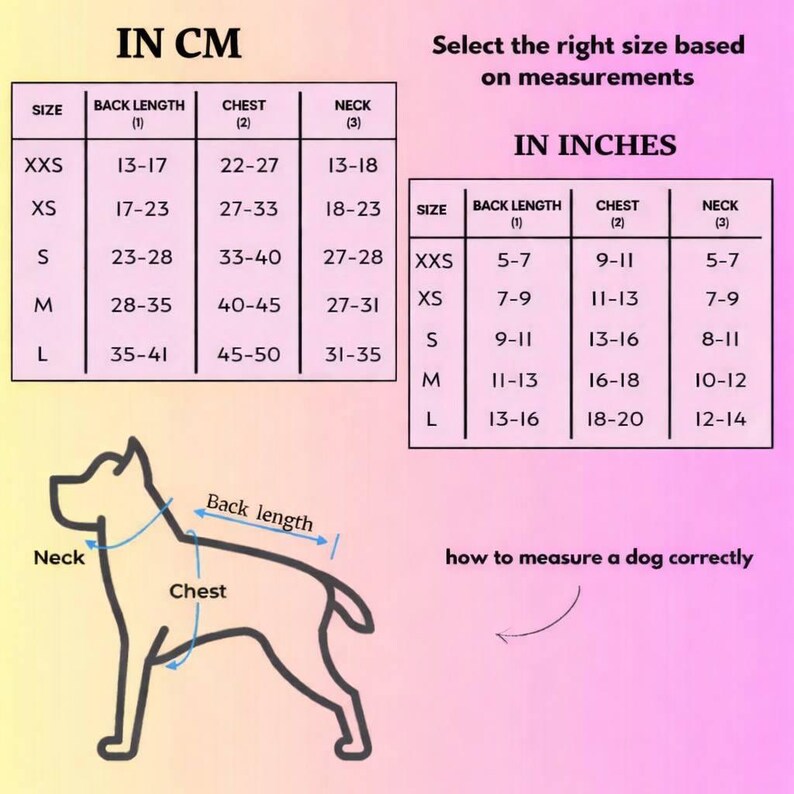 Puede incluir: Tabla de tallas para perros con medidas en pulgadas y cent&iacute;metros. La tabla incluye medidas de largo de espalda, pecho y cuello. Un diagrama muestra c&oacute;mo medir a un perro correctamente.