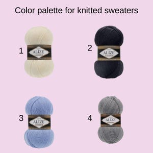May include: Image shows four balls of Alize Lanasgold yarn in different colors: cream, navy blue, light blue, and gray. Each ball is labeled with a number and the brand name. The text "Color palette for knitted sweaters" is at the top.