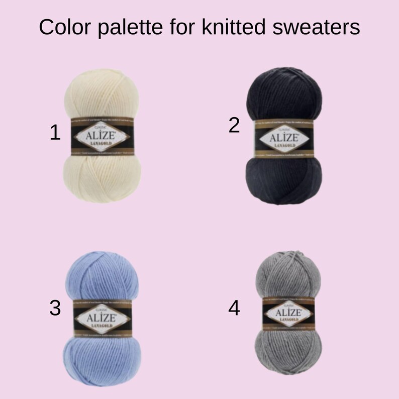 May include: Image shows four balls of Alize Lanasgold yarn in different colors: cream, navy blue, light blue, and gray. Each ball is labeled with a number and the brand name. The text "Color palette for knitted sweaters" is at the top.