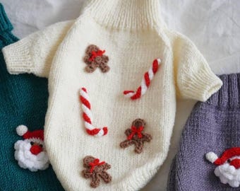 Dog Christmas Sweater with Crochet Gingerbread & Lollipop, Hand Knitted Dog Sweater, Custom Christmas Dog Outfit, Holiday Puppy Gift