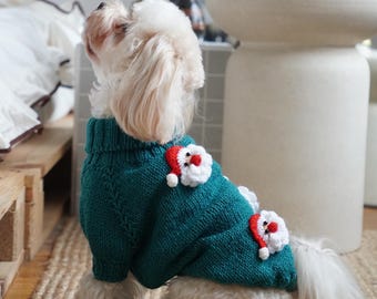 Dog Christmas Sweater with Crochet Santa, Hand Knitted Dog Sweater, Custom Dog Christmas Outfit, Holiday Puppy Gift, Winter Dog Clothes