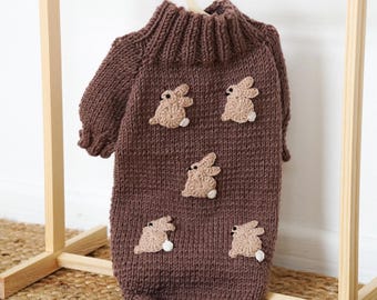 Custom Dog Cardigan with Crochet Rabbits, Easter Dog Sweater, Handmade Puppy Cardigan, Small Dog Outfit, Dog Photoshoot Outfit
