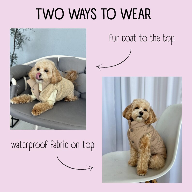 Puede incluir: Dos im&aacute;genes muestran un perro peque&ntilde;o con un abrigo reversible beige. Un lado es de tela impermeable acolchada y el otro es un abrigo de piel sint&eacute;tica suave. El texto "TWO WAYS TO WEAR" est&aacute; en la parte superior de la imagen.