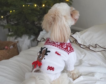 Dog Christmas Sweater with Crochet Reindeer, Hand Knitted Dog Sweater, Custom Christmas Dog Outfit, Holiday Puppy Gift, Winter Dog Clothes