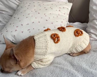Custom Dog Sweater with Crochet Pretzels, Handmade Wool Dog Clothes, Personalized Small Dog Outfit, Cute Gift for Dog Lovers