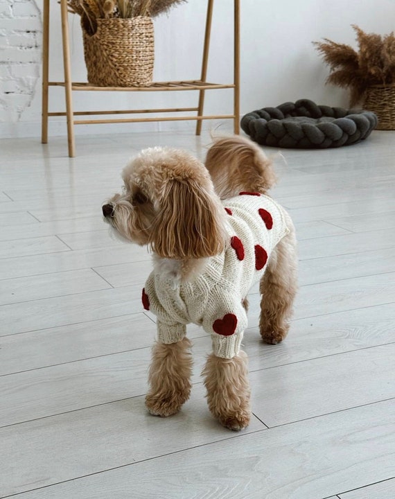 Hand knit custom dog sweater with croched hearts pet apparel warm dog clothing cotton yarn cardigan mohair dog fashion outfit small dog