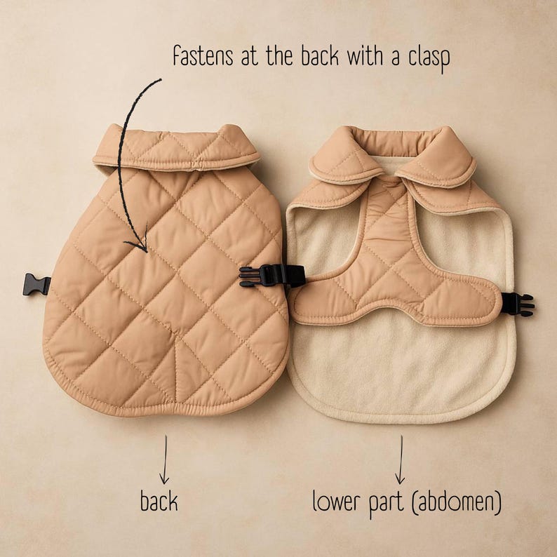 May include: Two beige quilted pet vests, one closed and one open, with black clasps. The vests have a collar and are labeled "back" and "lower part (abdomen)". The text "fastens at the back with a clasp" is also visible.