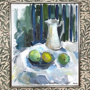 Still Life with Fruit & Jug | Bertil Brolin (1913–2006), Listed Swedish Artist | Vintage Oil Painting 1980s | Scandinavian Wall Art