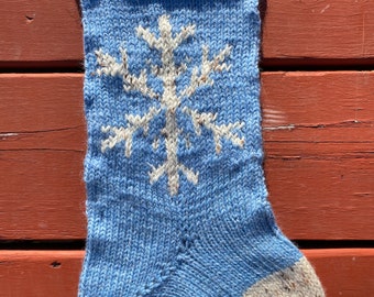 Hand knit snowflake stocking