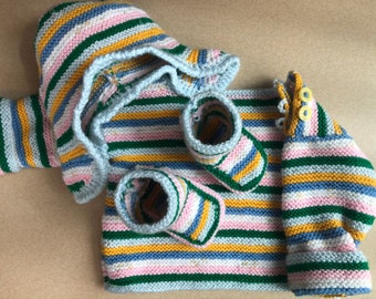 Hand Knit 3 piece Garter Stitch Stripes Sweater, Hat, and Booties, 3 months