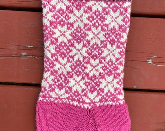 Hand knit pink and cream fair isle stocking