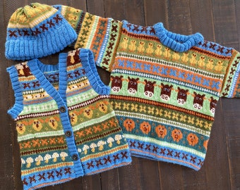 12 month Fair Isle Sweater, Cardigan, and Cap