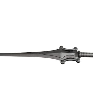May include: A gray sword with a long, pointed blade and a detailed hilt. The hilt has a cylindrical grip and decorative elements. The sword is a prop or collectible item.
