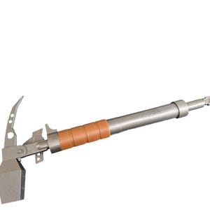 May include: A silver ice axe with a brown handle grip. The axe features a pick, adze, and a pointed spike. The handle is wrapped in a brown, textured material for grip. The tool is designed for climbing and mountaineering.