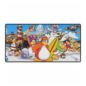 May include: A rectangular mousepad featuring a colorful cartoon scene with penguins, a polar bear, and other characters. The background includes a lighthouse, mountains, and a blue sky. The penguins are in various outfits and poses.