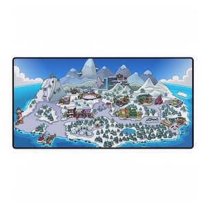 May include: A rectangular mousepad featuring a cartoon winter landscape with mountains, trees, and buildings. The design includes a lighthouse, ski lift, and ice skating rink, all set against a blue sky.