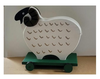 RARE Pennsylvania Amish Made Handmade Wooden Farm Animal Ram Sheep Toy on Wheels