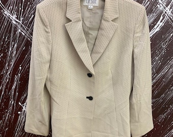 Le Suit Vintage Pinstripe Blazer Padded Shoulder Cream Navy Blue Size 8