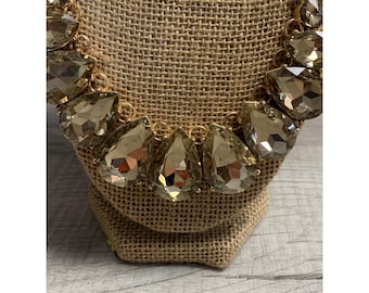 Gold Tone Champagne Crystal Teardrop Statement Bib Necklace Curb Chain 20" +