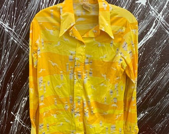 Vintage Vera Neumann Yellow Seagull Print Blouse Antron III Nylon 70s Top Sz 14