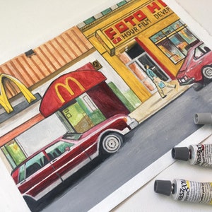 McDonald's - Dipinto a guazzo originale 8,3 × 11,7 pollici (A4) su tela - SPEDIZIONE GRATUITA