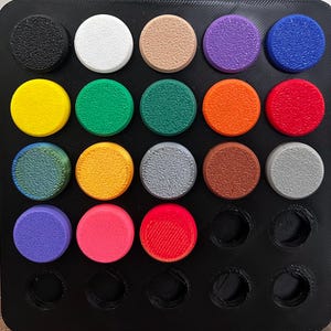 Op de afbeelding: Een zwarte tray met 18 ronde, getextureerde objecten in verschillende kleuren. De kleuren zijn onder meer zwart, wit, beige, paars, blauw, geel, groen, oranje en rood. De tray heeft drie lege ronde ruimtes.