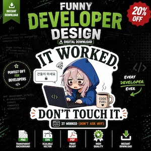 May include: A digital design with the text "FUNNY DEVELOPER DESIGN" and "IT WORKED". The image features an anime-style character working on a laptop, a coffee mug, and code snippets. Includes the text "DON'T TOUCH IT."