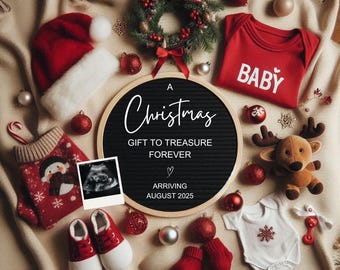 Anuncio de embarazo navideño, anuncio digital, anuncio de bebé neutro en cuanto al género, plantilla editable descargable