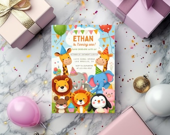 Invitación de cumpleaños con animales de safari / Plantilla Canva / Descarga digital