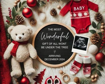 Anuncio de embarazo navideño, anuncio digital, anuncio de bebé neutro en cuanto al género, plantilla editable descargable