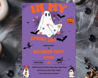 May include: A purple Halloween party invitation with the text "IN MY SPOOKY ERA". The invitation features a ghost, bats, a pumpkin, and the date October 26. The RSVP information is included.