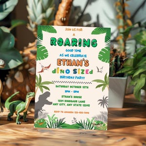 Convite para festa de aniversário de dinossauro | Convite de aniversário com tema de dinossauro | Cartão de aniversário divertido | Convite de aniversário para imprimir