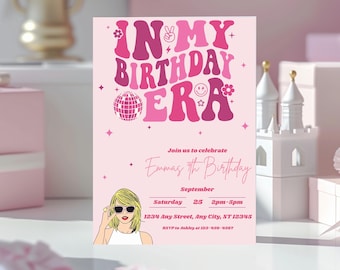 Invitación de cumpleaños de Eras: Plantilla de Canva rosa retro (digital)