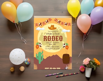 Plantilla de invitación para primer cumpleaños de rodeo / Temática del oeste / Descarga instantánea / Plantilla Canva