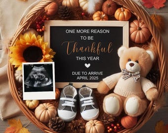 Anuncio de embarazo para Acción de Gracias, Anuncio de bebé de género neutro, Plantilla editable descargable, Anuncio de embarazo de otoño