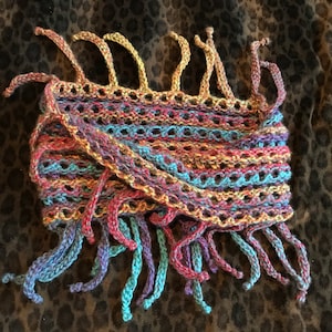 May include: A multi-colored crocheted scarf with fringe on both ends. The scarf is made with a variety of colors, including red, blue, yellow, and green.