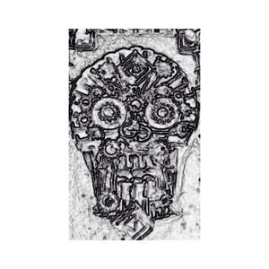 Puede incluir: Ilustración en blanco y negro de una calavera con detalles intrincados, que se asemejan a engranajes y maquinaria. La calavera tiene un diseño estilizado con ojos circulares y una mandíbula detallada.