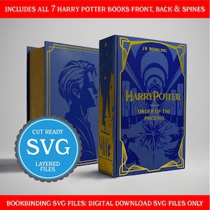 May include: A digital download graphic featuring the book "Harry Potter and the Order of the Phoenix" by J.K. Rowling. The book is blue with gold accents and includes the text "Harry Potter" and "Order of the Phoenix". The image also includes the text "SVG" and "Layered Files".