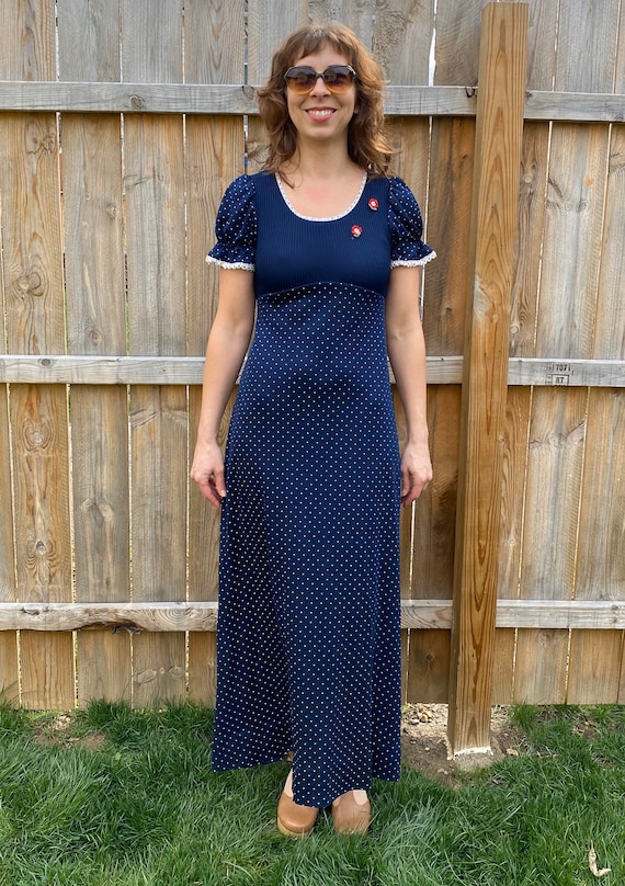 Vintage XS Navy Blue Empire Waist Polka Dot Flower