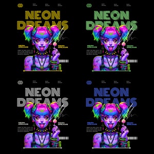 Pode incluir: Uma ilustração digital de um personagem de estilo cyberpunk com cabelo rosa e azul, usando um colar preto e um colar de prata. O personagem está segurando uma pirulito e tem a língua de fora. O fundo é preto com o texto "NEON DREAMS" em um esquema de cores verde neon e azul.