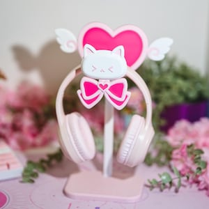 Cute Headphone Stand - set with cat, ribbon and heart accessory - fully customizable - swappable accessories