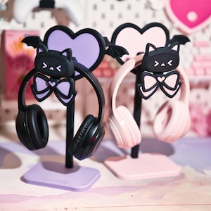 Cute Headphone Stand - set with cat, ribbon and heart accessory - fully customizable - swappable accessories - Goth edition