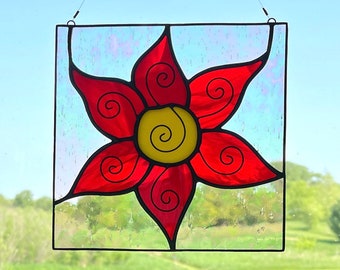 Flower Stained Glass Suncatcher | Red / Yellow | Swirly wire