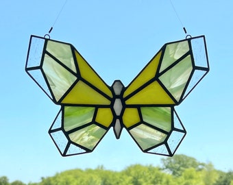 Geometric Butterfly Stained Glass Suncatcher | Yellow Green