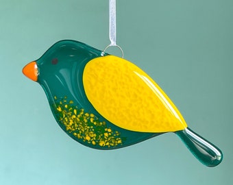 Bird Suncatcher | Fused Glass Decor | Bird Lover Gift | Teal & Yellow