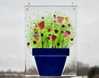 Flower Bouquet Suncatcher | Fused Glass Potted Plant Art | Pink & Yellow