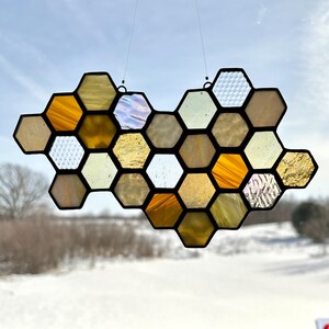 Honeycomb Stained Glass Suncatcher Multi-Colored Handcrafted Decor Window Hanging Art Bee Lover Gift image 1