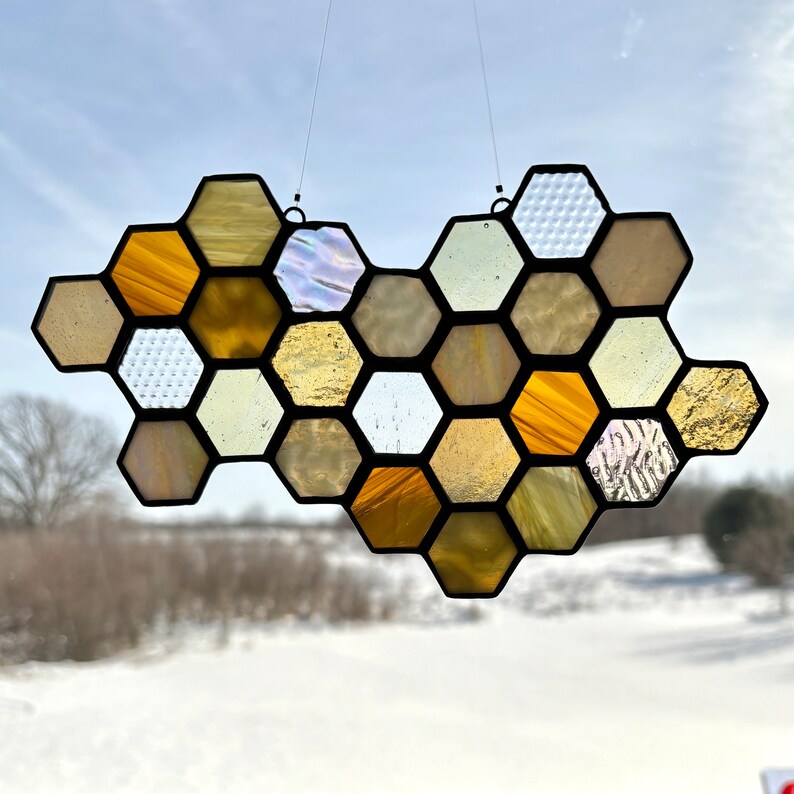 Honeycomb Stained Glass Suncatcher Multi-Colored Handcrafted Decor Window Hanging Art Bee Lover Gift image 1